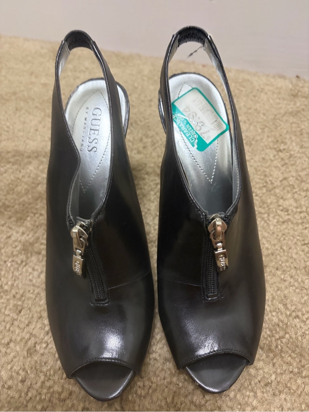 GUESS Black Leather Peep-Toe Slingback Heels with Front Zipper